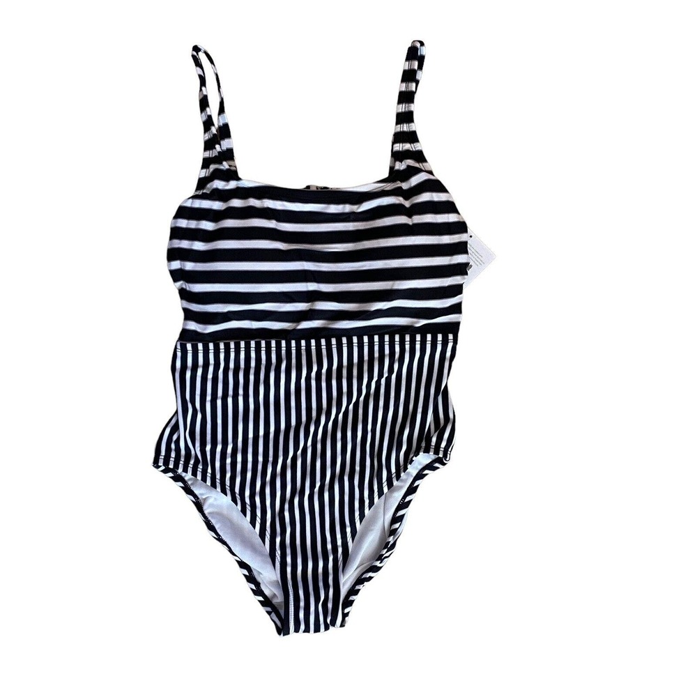 ECO Beach One Piece Black White Striped Swim Suit Size Medium NEW